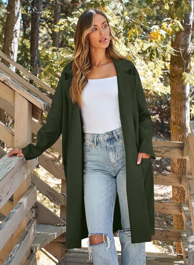 LILLUSORY Women's Long Dressy Cardigan Sweaters Fall Oversized Cozy Jacket Outfits 2025 Date Night Winter Trench Coats Green M - Image 2